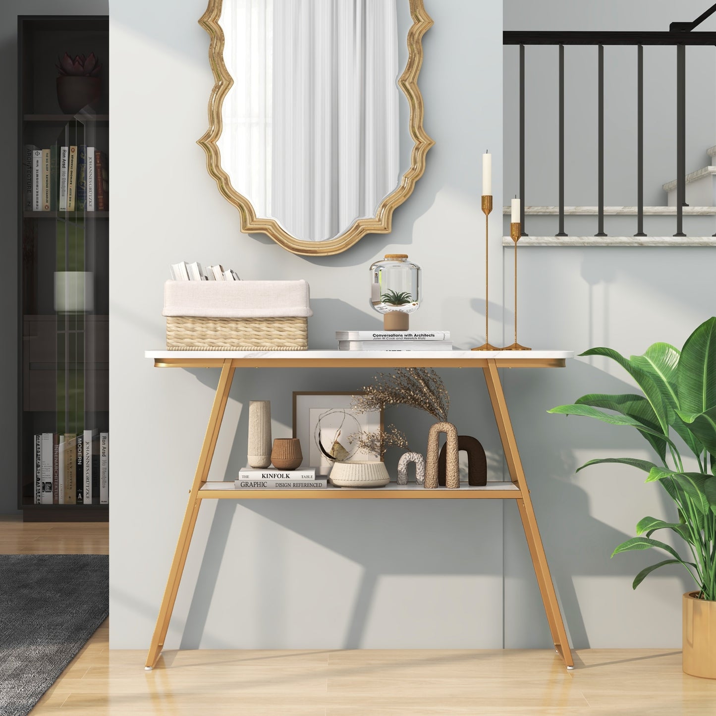 Faux Marble Console Table with Gold Frame for Entryway