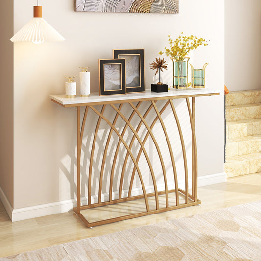 48 Inch White Faux Marble Console Table with Gold Frame