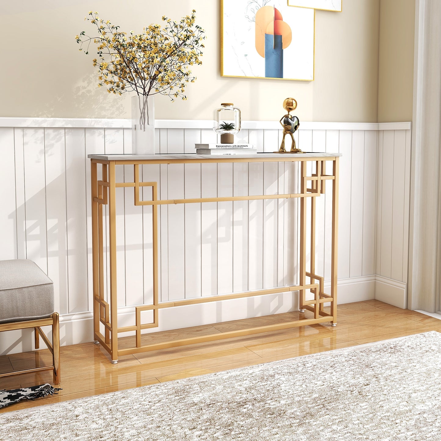 Geometric Gold Frame Console Table with Faux Marble Top