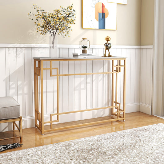 Geometric Gold Frame Console Table with Faux Marble Top