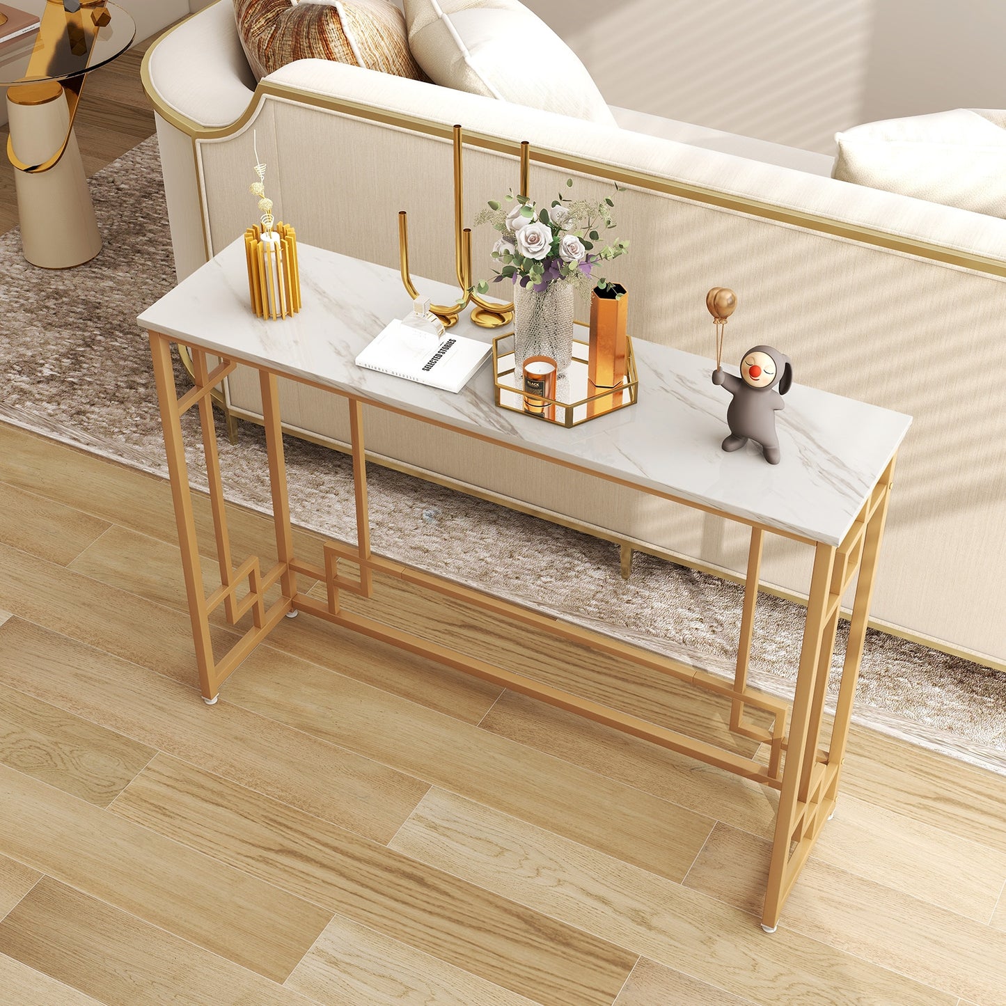 Geometric Gold Frame Console Table with Faux Marble Top