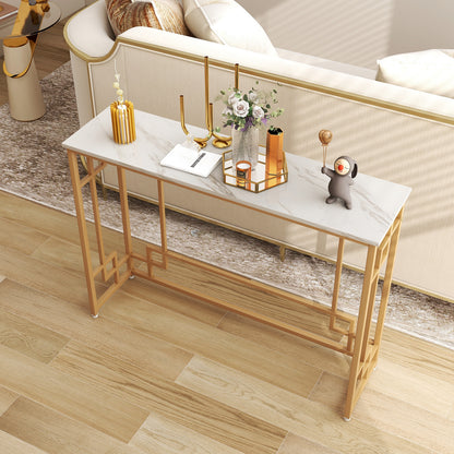 Geometric Gold Frame Console Table with Faux Marble Top