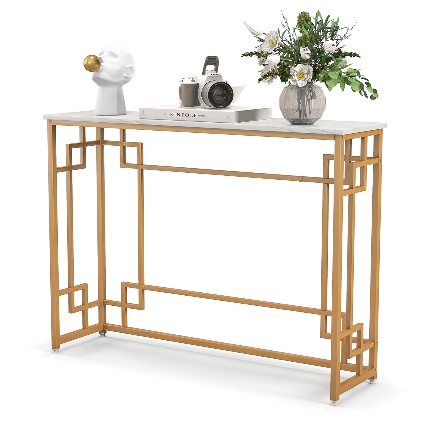 Geometric Gold Frame Console Table with Faux Marble Top