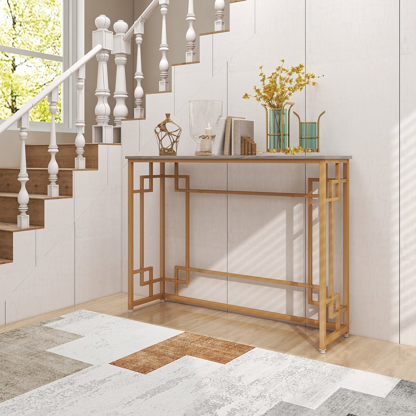 Geometric Gold Frame Console Table with Faux Marble Top