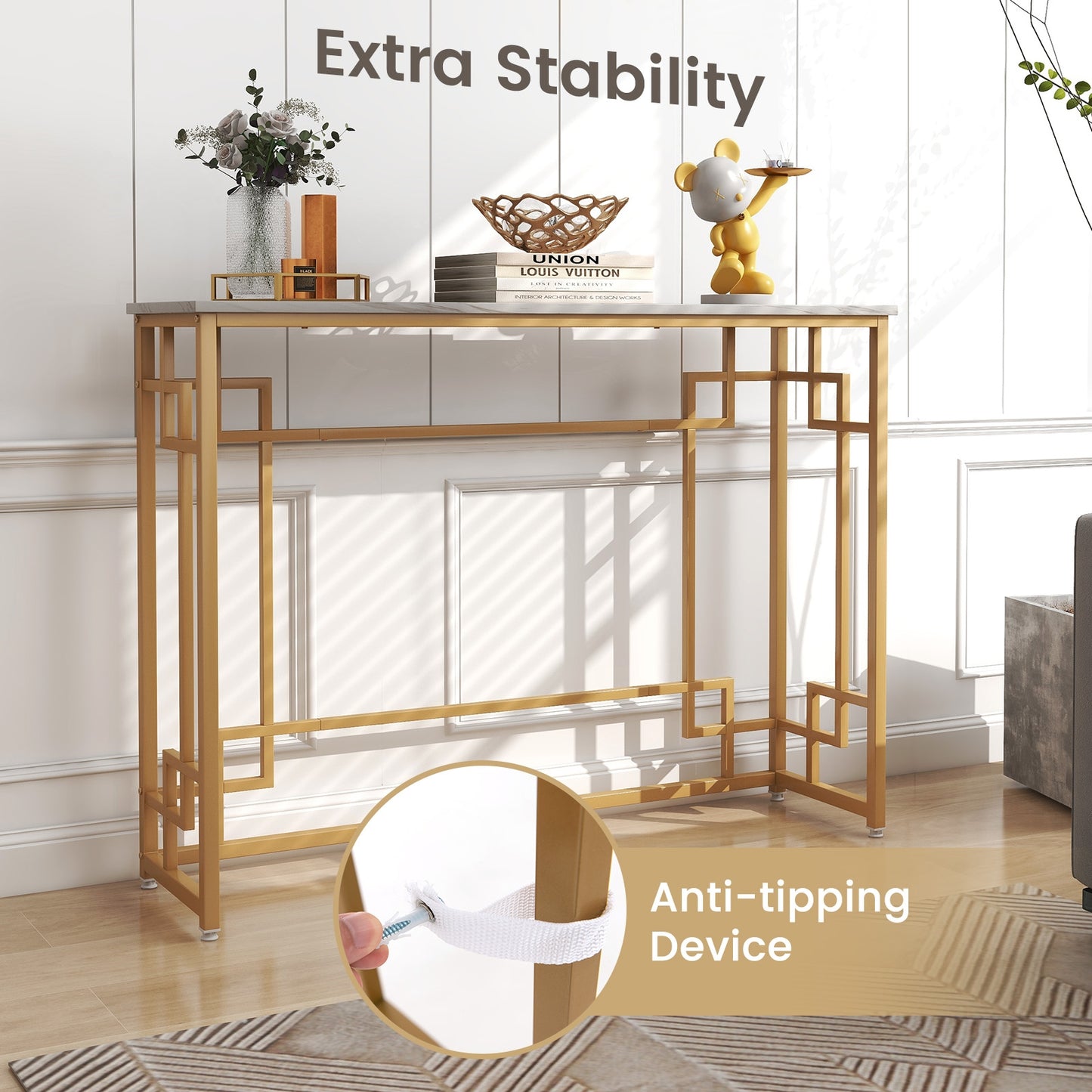 Geometric Gold Frame Console Table with Faux Marble Top