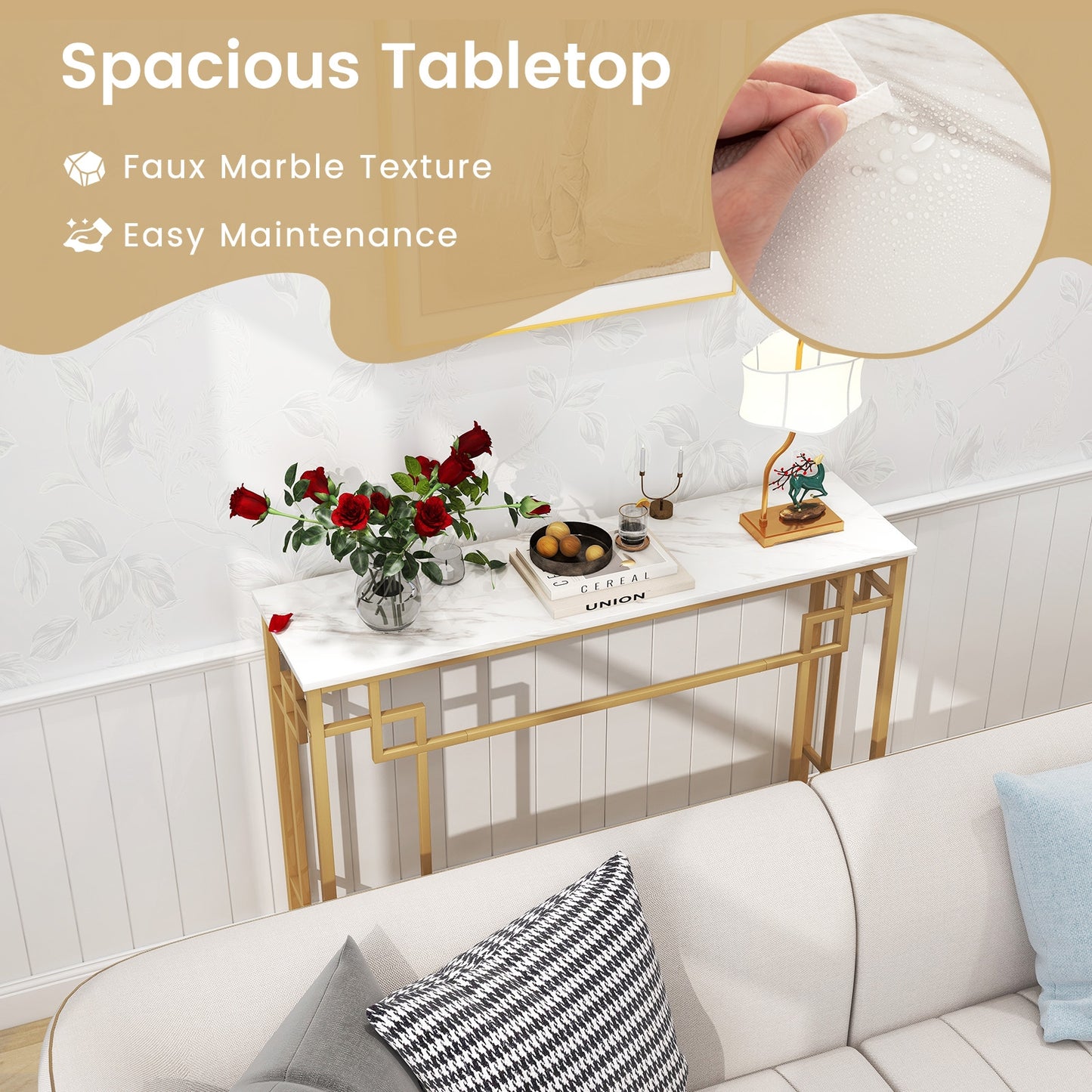 Geometric Gold Frame Console Table with Faux Marble Top