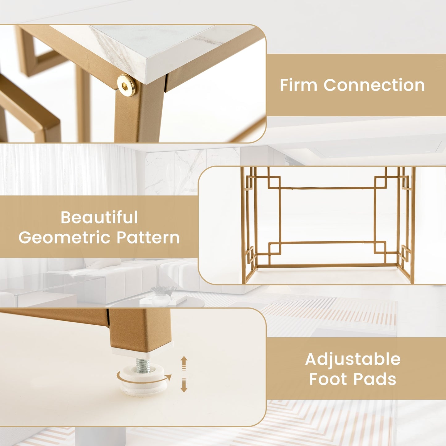 Geometric Gold Frame Console Table with Faux Marble Top