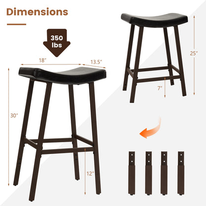 Set of 2 PU Leather Saddle Bar Stools with Footrest and Upholstered Seat