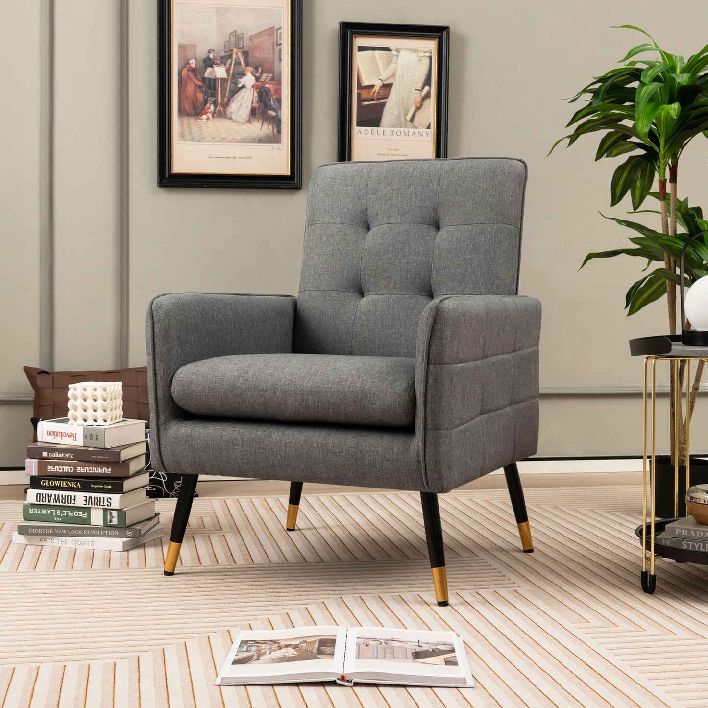 Modern Linen Upholstered Accent Chair with Removable Cushion and Metal Legs in Grey
