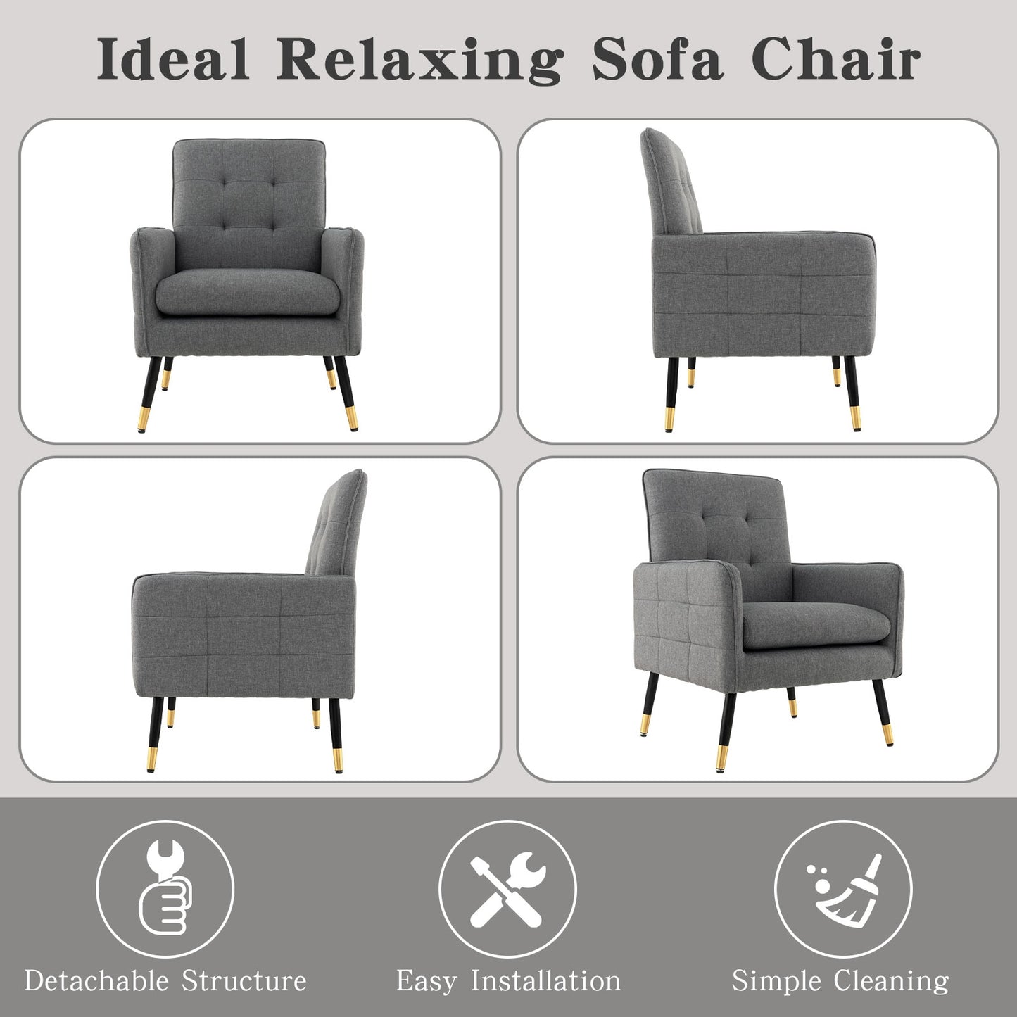 Modern Linen Upholstered Accent Chair with Removable Cushion and Metal Legs in Grey