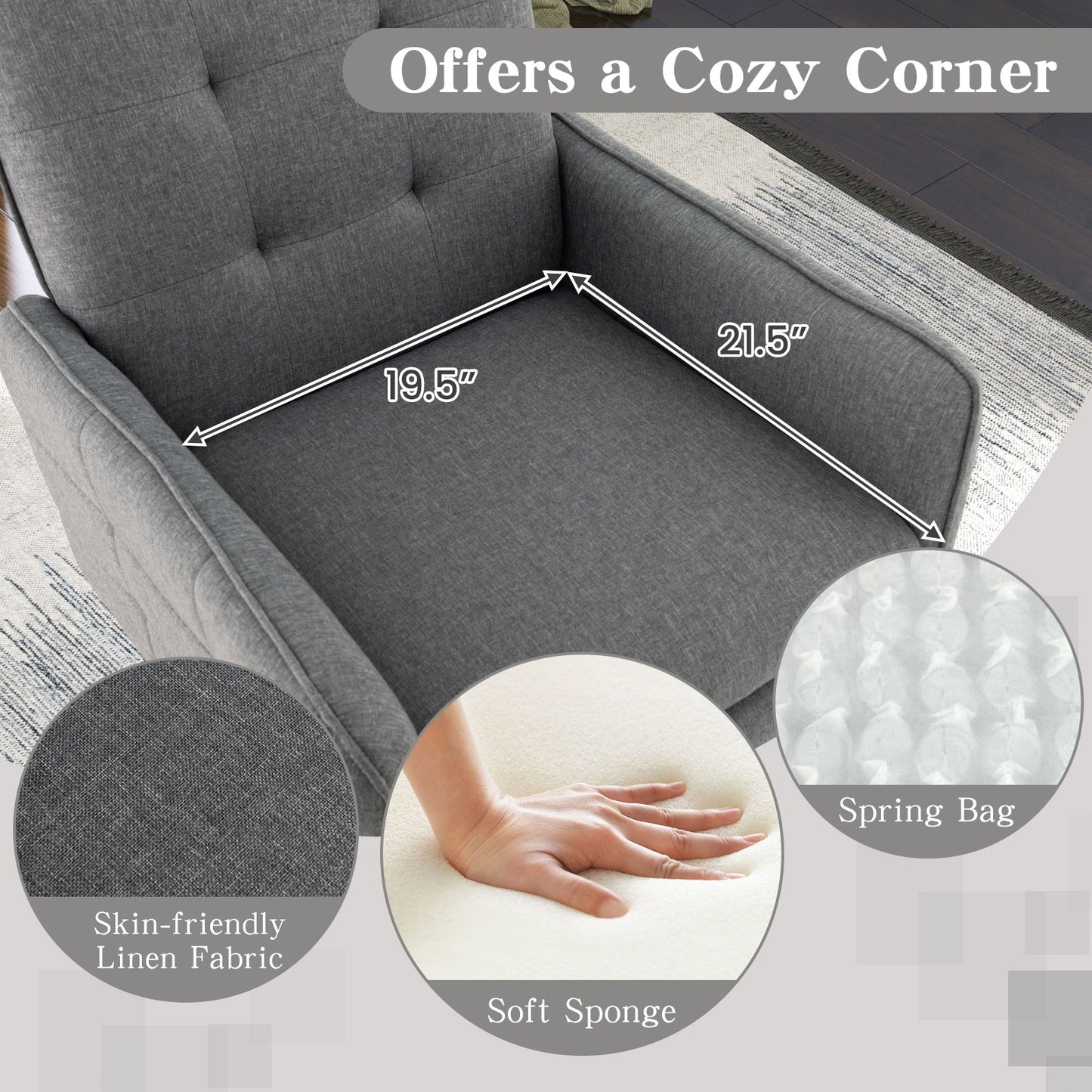 Modern Linen Upholstered Accent Chair with Removable Cushion and Metal Legs in Grey