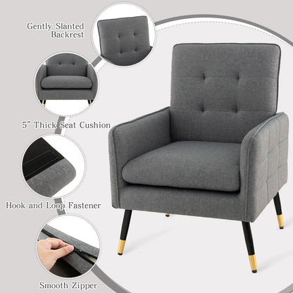 Modern Linen Upholstered Accent Chair with Removable Cushion and Metal Legs in Grey