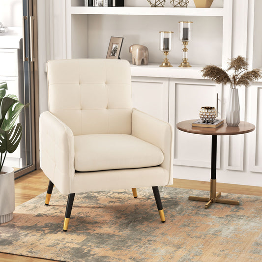 Modern Linen Upholstered Accent Chair with Removable Cushion and Metal Legs in White