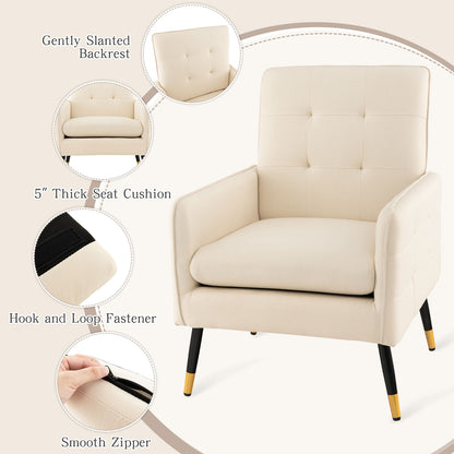 Modern Linen Upholstered Accent Chair with Removable Cushion and Metal Legs in White