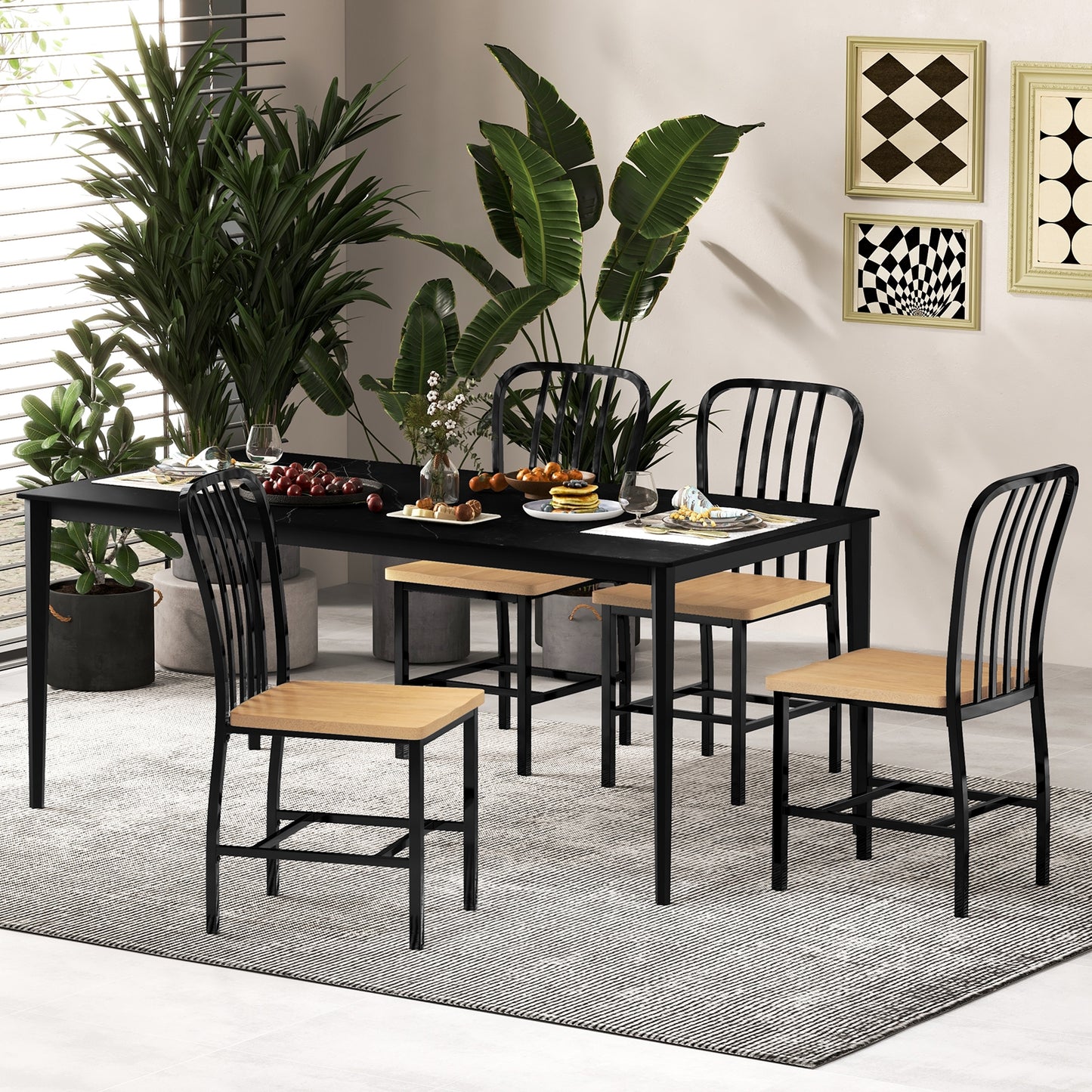 Pair of Spindle Back Dining Chairs with Ergonomic Armless Seat for Comfortable Dining - Black