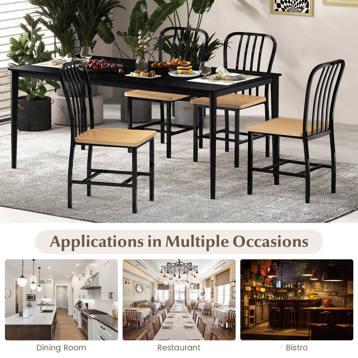 Pair of Spindle Back Dining Chairs with Ergonomic Armless Seat for Comfortable Dining - Black
