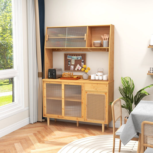 69 Inch Bamboo Wine Bar Cabinet with Sliding Glass Doors and Rattan Accents