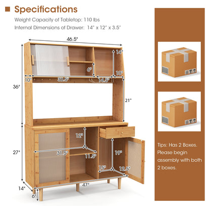 69 Inch Bamboo Wine Bar Cabinet with Sliding Glass Doors and Rattan Accents