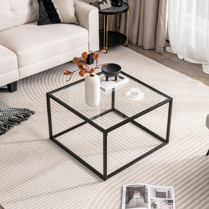 Modern Square Glass Coffee Table with Sturdy Metal Frame - Transparent