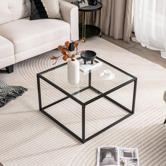 Modern Square Glass Coffee Table with Sturdy Metal Frame - Transparent