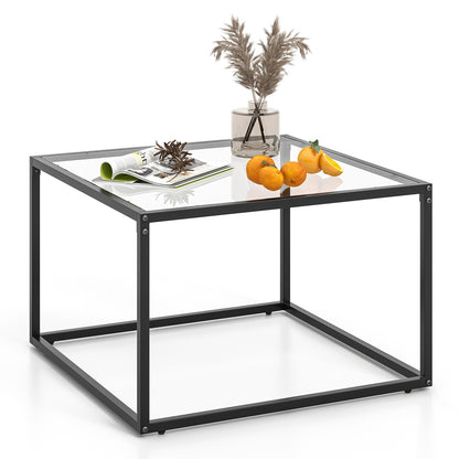 Modern Square Glass Coffee Table with Sturdy Metal Frame - Transparent