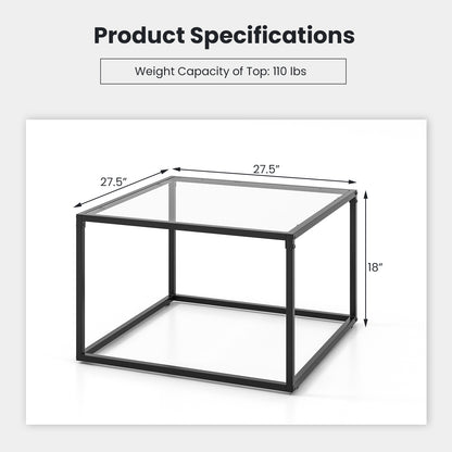 Modern Square Glass Coffee Table with Sturdy Metal Frame - Transparent