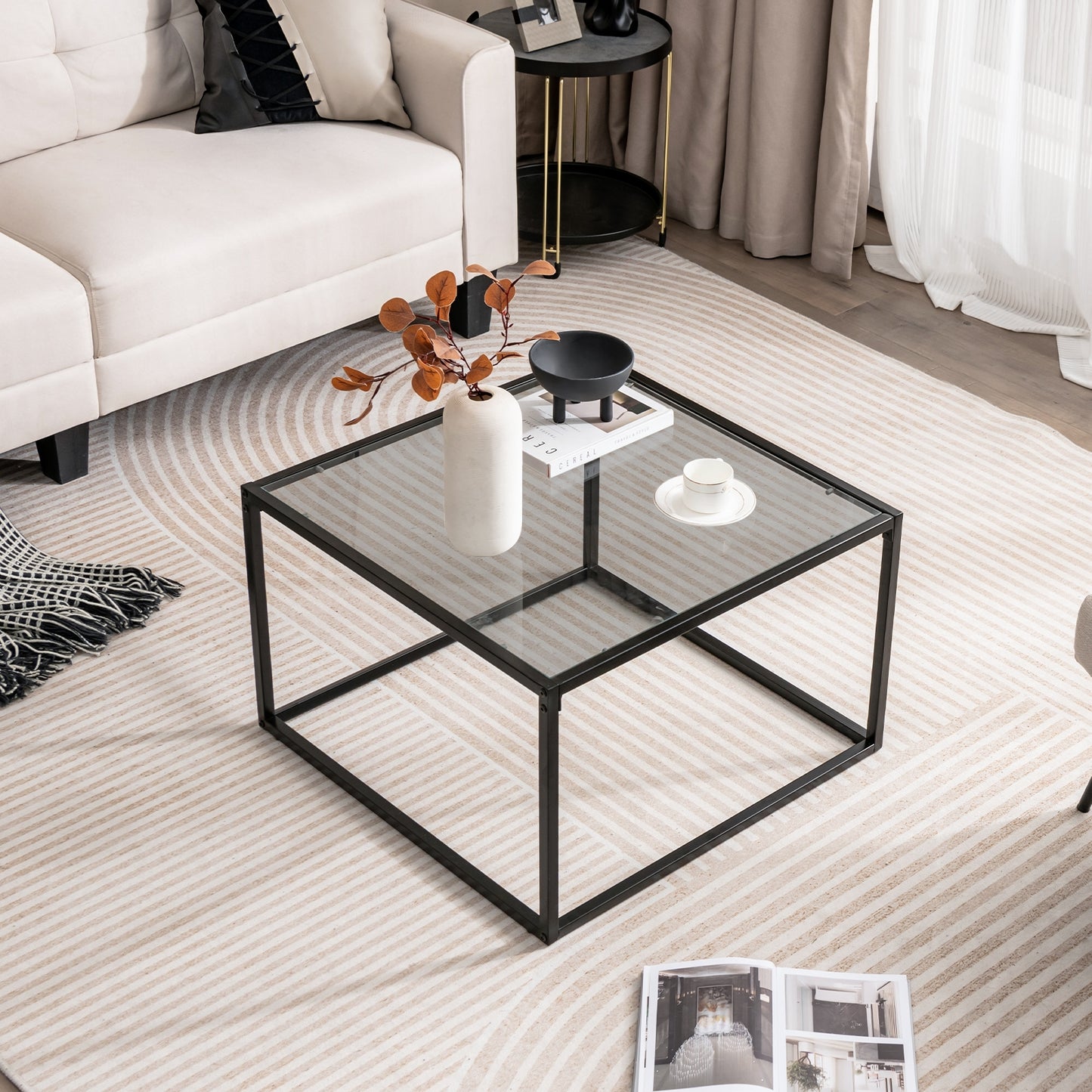 Modern Square Glass Coffee Table with Sturdy Metal Frame - Grey