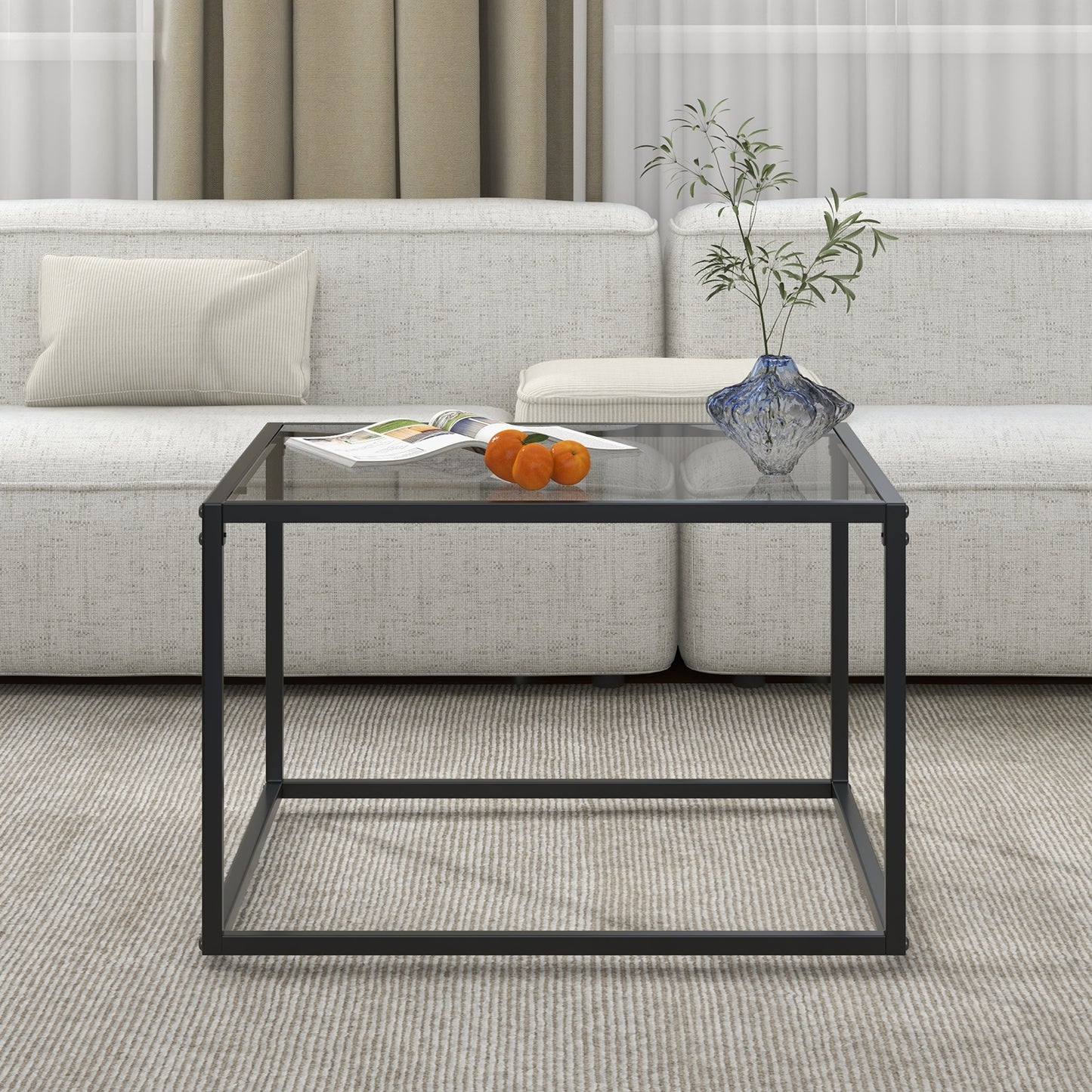 Modern Square Glass Coffee Table with Sturdy Metal Frame - Grey