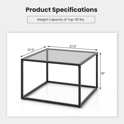 Modern Square Glass Coffee Table with Sturdy Metal Frame - Grey