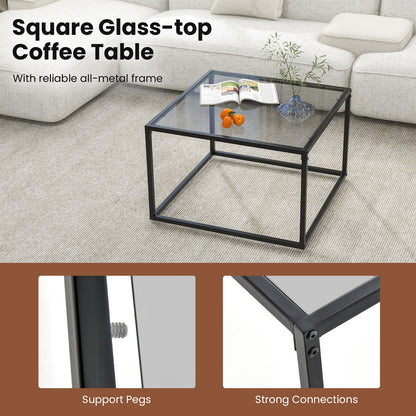 Modern Square Glass Coffee Table with Sturdy Metal Frame - Grey