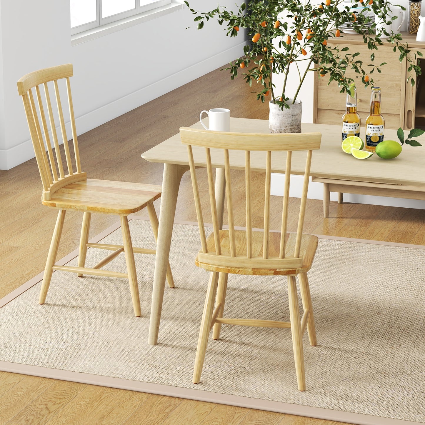 Pair of Windsor Dining Chairs with High Spindle Back and Sturdy Wood Frame - Natural