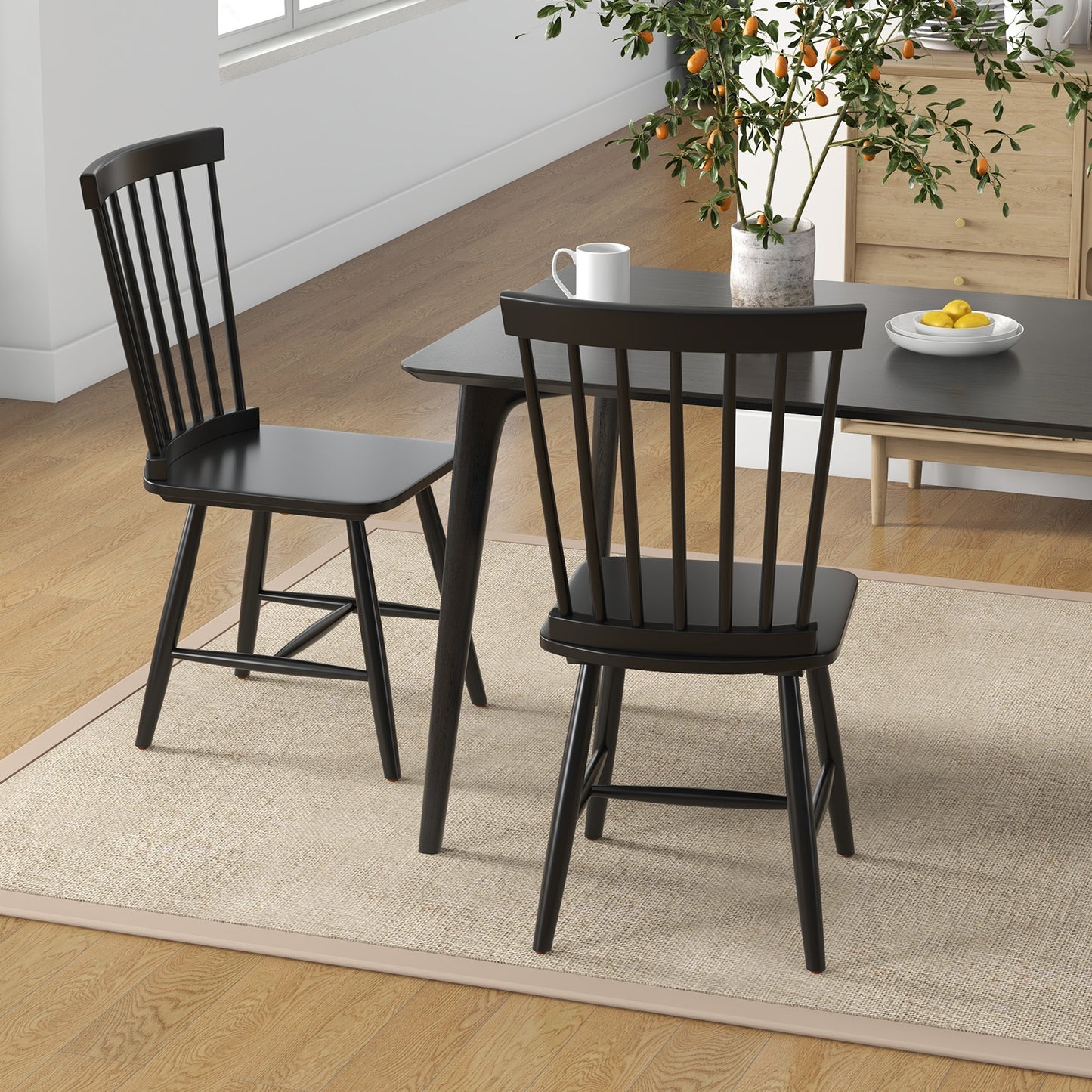 Pair of Windsor Dining Chairs with High Spindle Back and Sturdy Wood Frame - Black