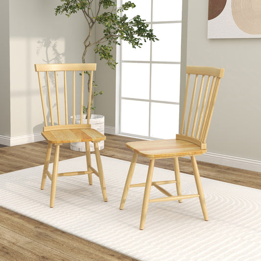 Pair of Windsor Dining Chairs with High Spindle Back and Sturdy Wood Frame - Natural