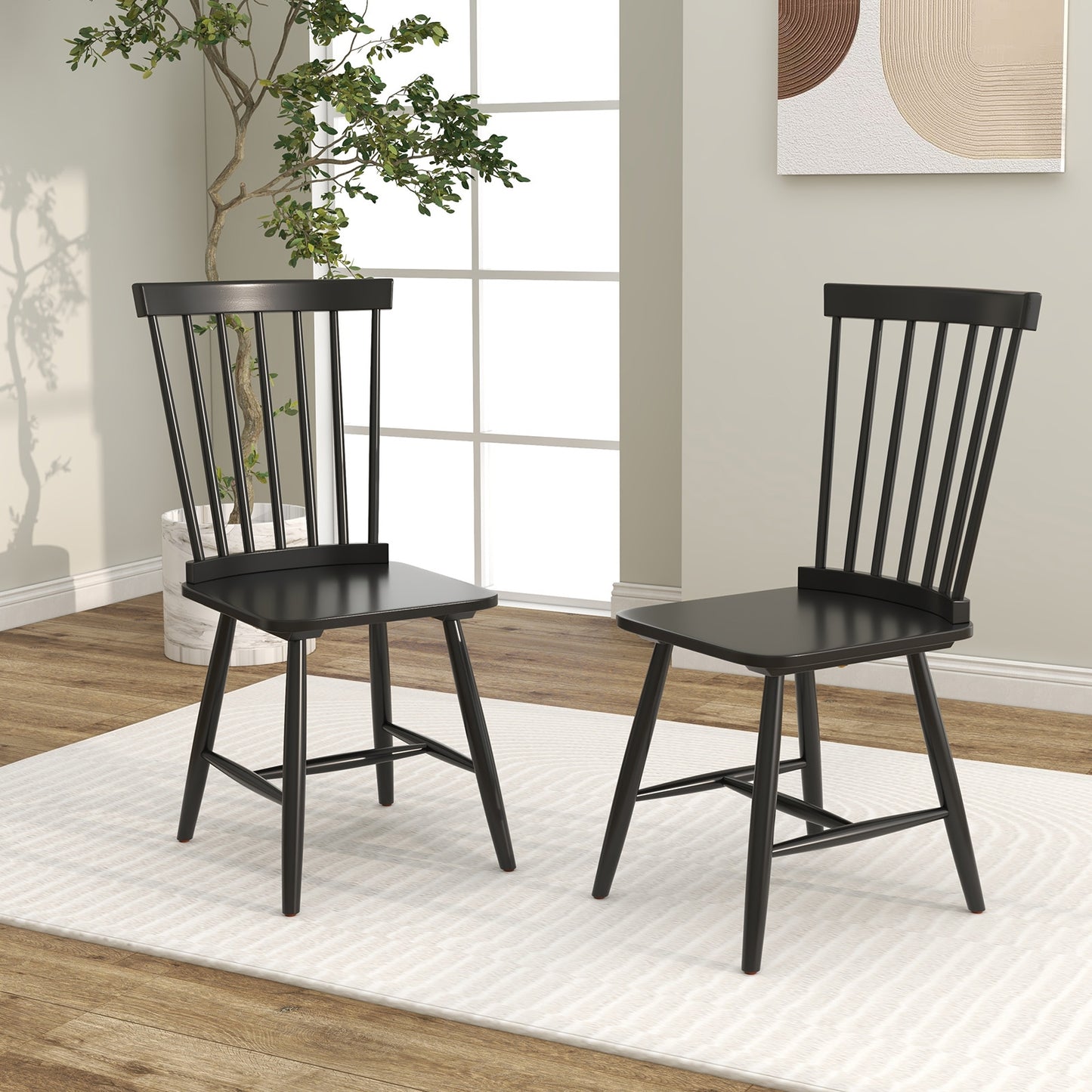 Pair of Windsor Dining Chairs with High Spindle Back and Sturdy Wood Frame - Black