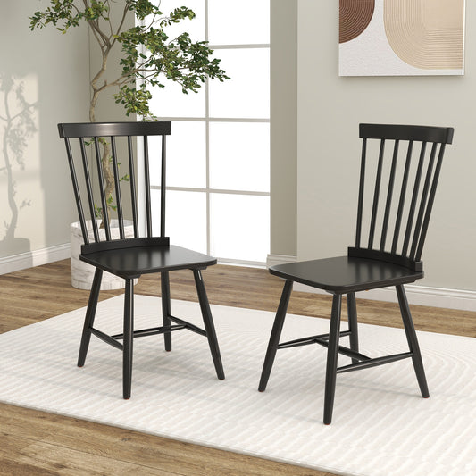 Pair of Windsor Dining Chairs with High Spindle Back and Sturdy Wood Frame - Black