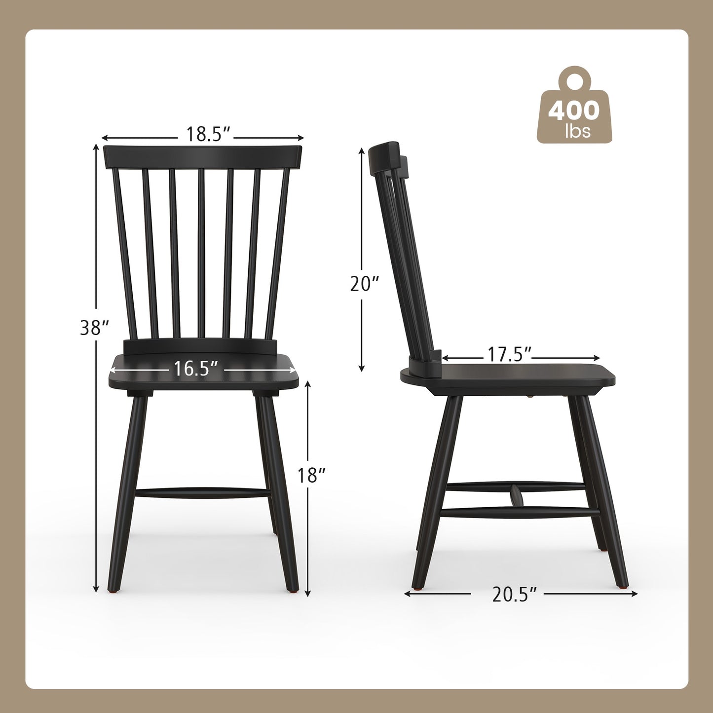 Pair of Windsor Dining Chairs with High Spindle Back and Sturdy Wood Frame - Black