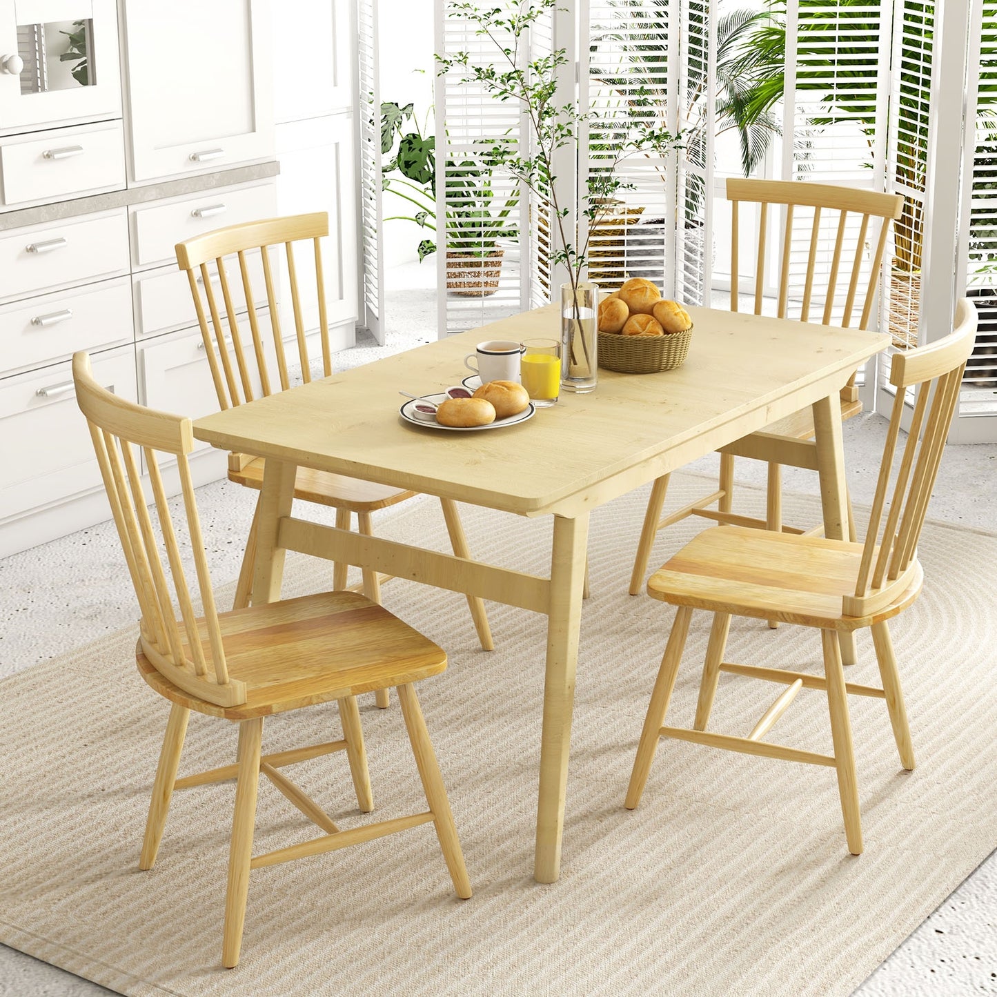 Pair of Windsor Dining Chairs with High Spindle Back and Sturdy Wood Frame - Natural