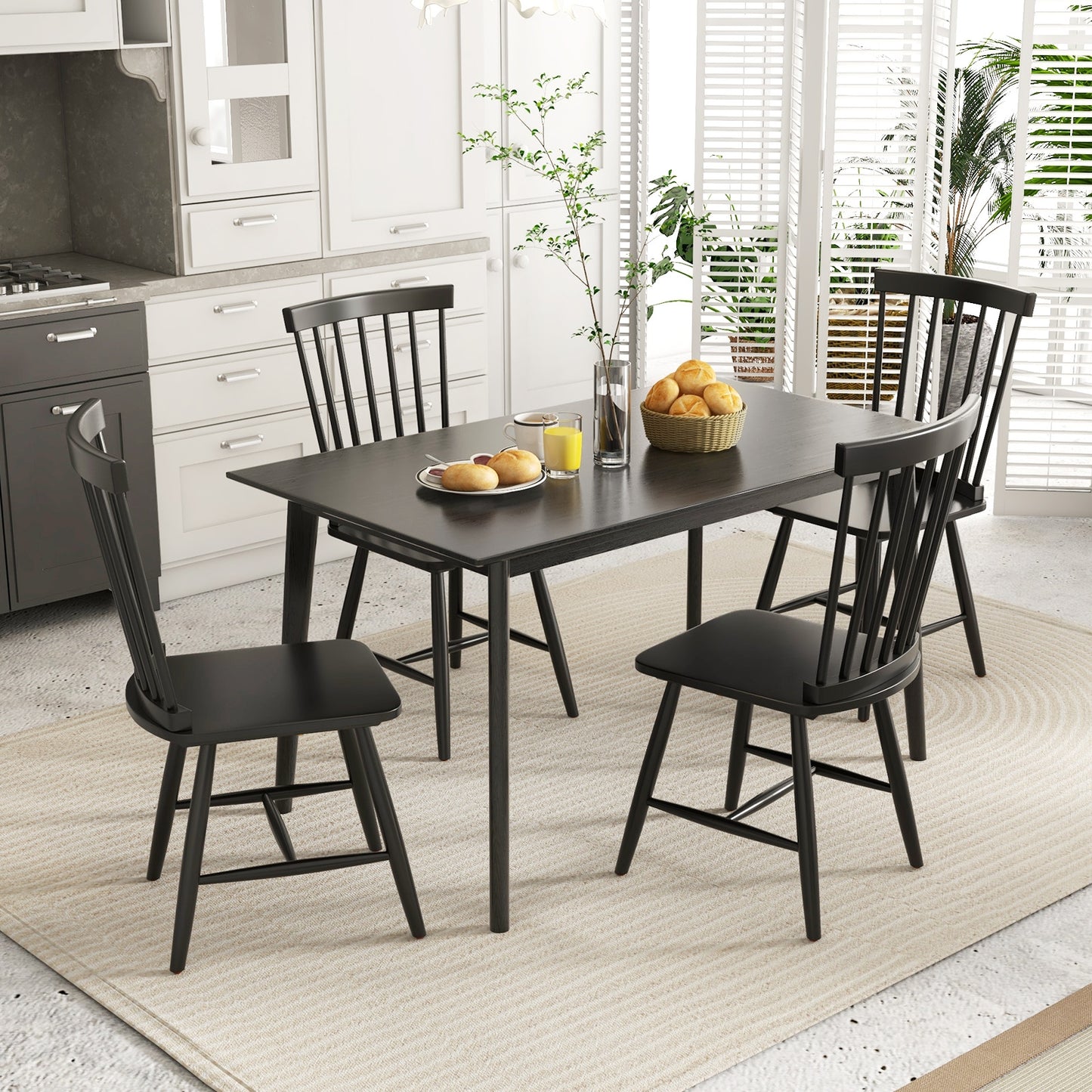 Pair of Windsor Dining Chairs with High Spindle Back and Sturdy Wood Frame - Black