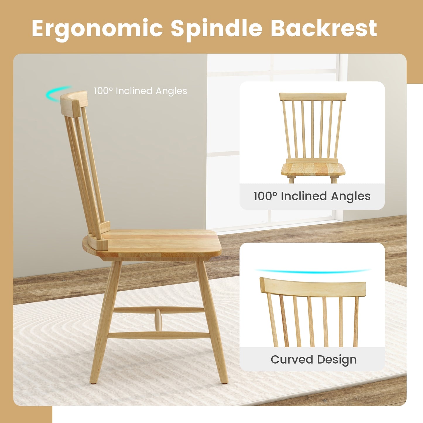 Pair of Windsor Dining Chairs with High Spindle Back and Sturdy Wood Frame - Natural