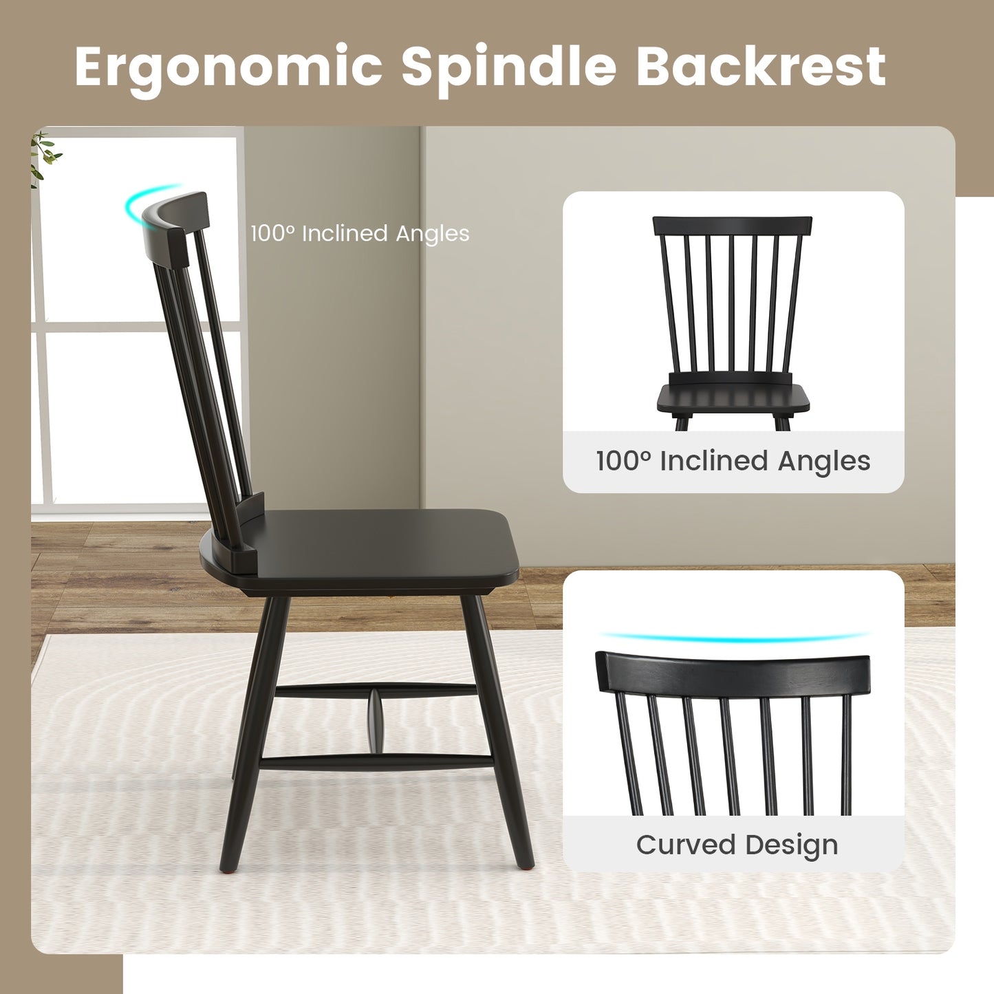 Pair of Windsor Dining Chairs with High Spindle Back and Sturdy Wood Frame - Black