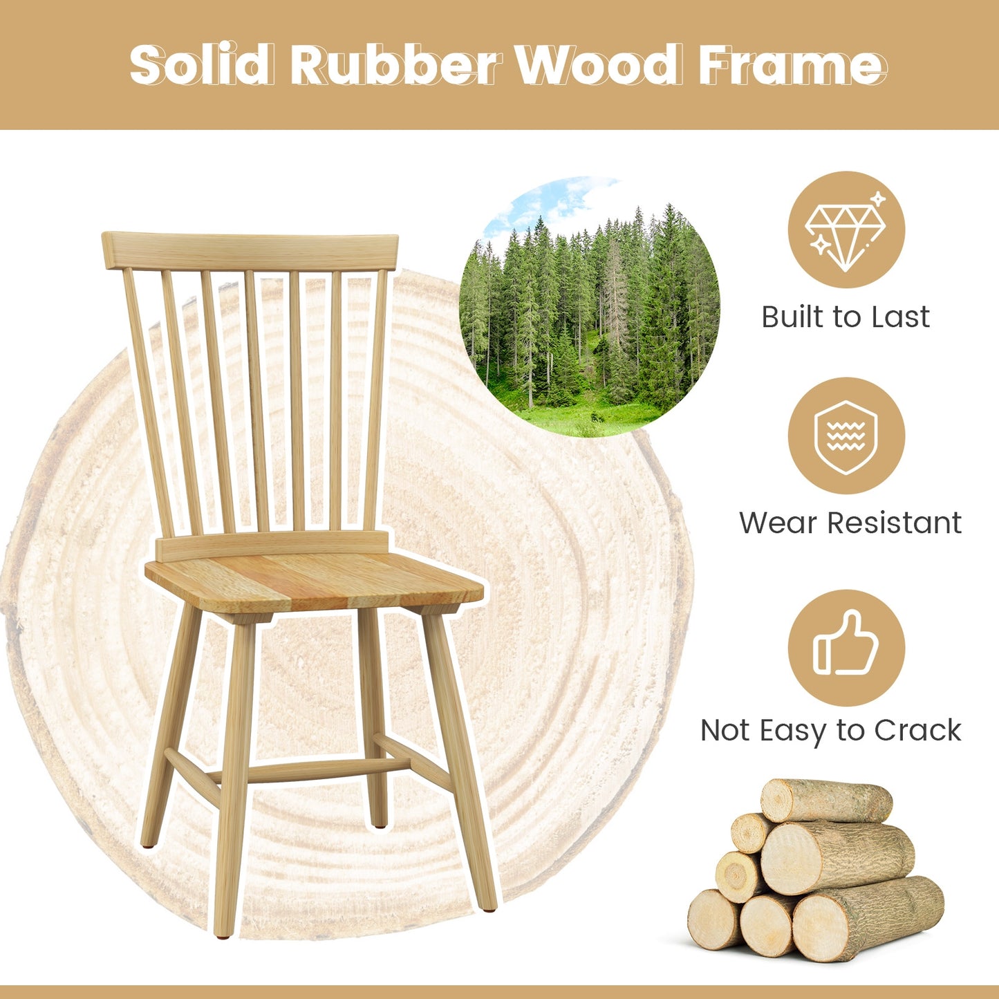 Pair of Windsor Dining Chairs with High Spindle Back and Sturdy Wood Frame - Natural