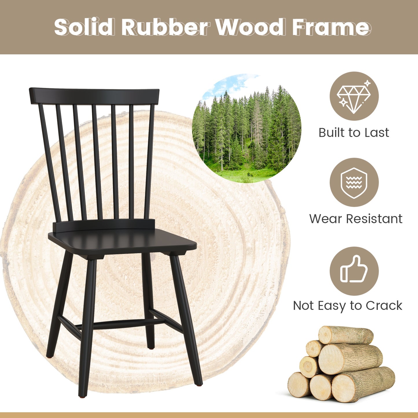 Pair of Windsor Dining Chairs with High Spindle Back and Sturdy Wood Frame - Black