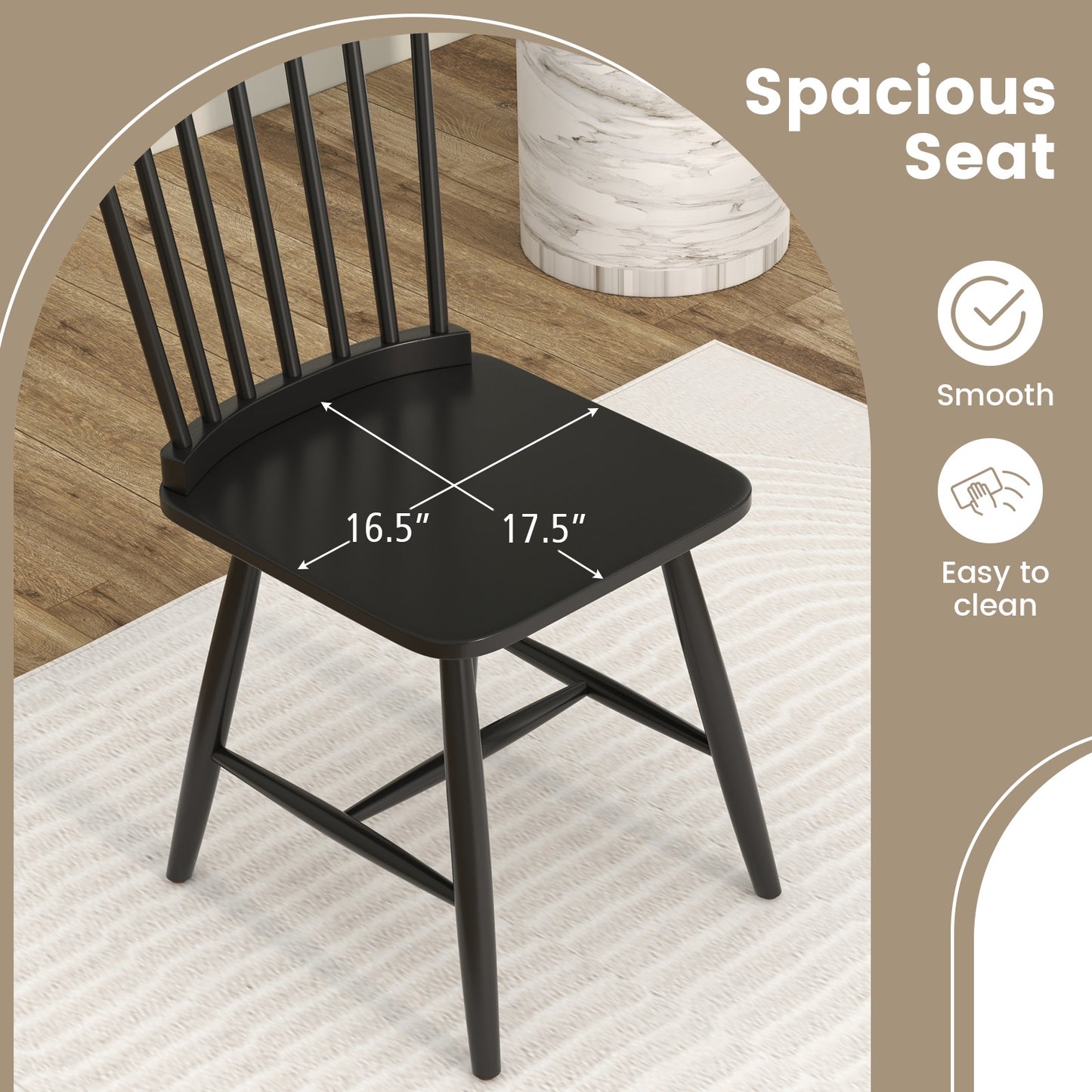 Pair of Windsor Dining Chairs with High Spindle Back and Sturdy Wood Frame - Black