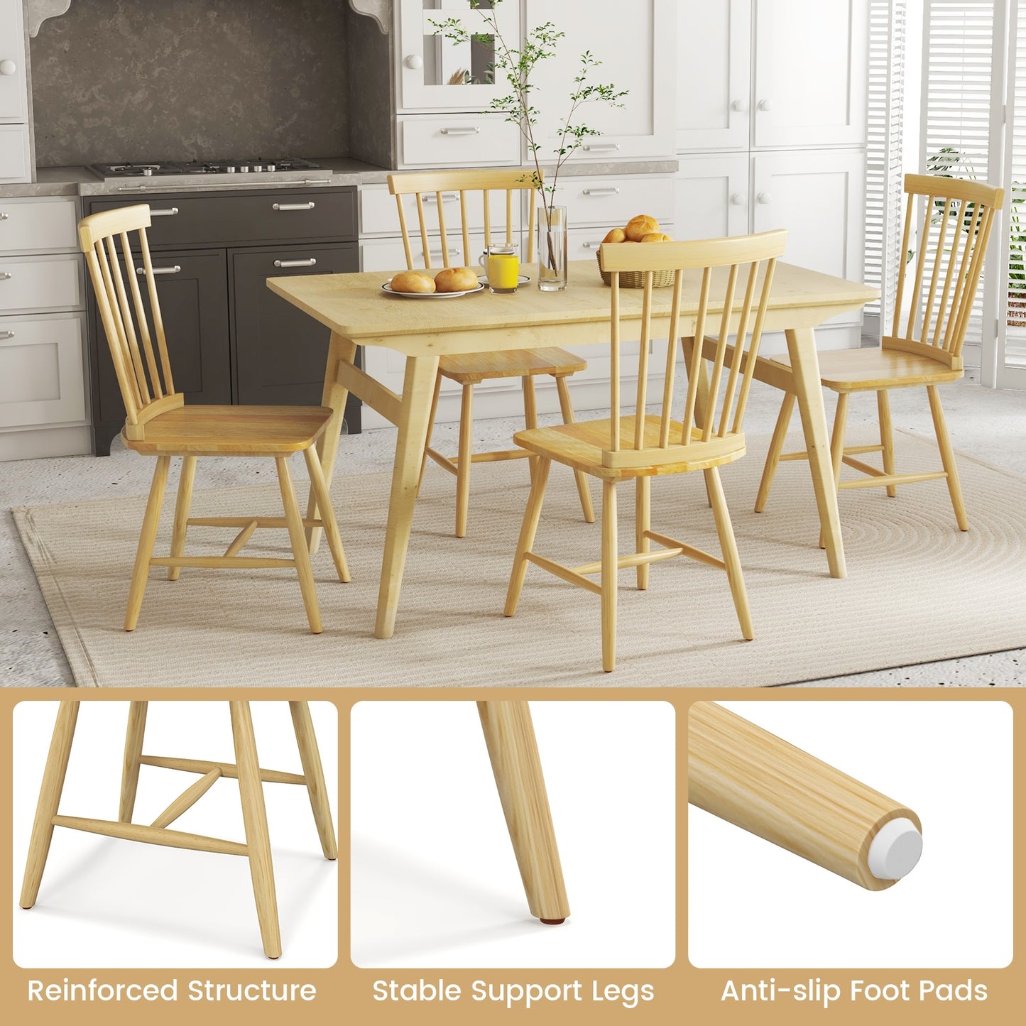 Pair of Windsor Dining Chairs with High Spindle Back and Sturdy Wood Frame - Natural