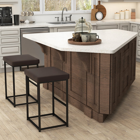 Pair of 30" Upholstered Barstools with PU Leather Cushions and Metal Frame in Brown
