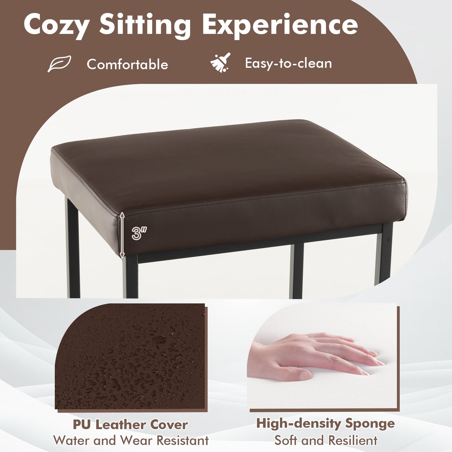 Pair of 30" Upholstered Barstools with PU Leather Cushions and Metal Frame in Brown
