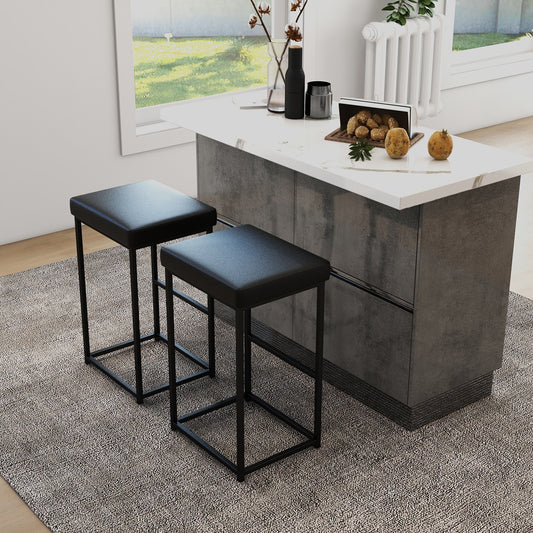Pair of 30" Upholstered Barstools with PU Leather Cushions and Metal Frame in Black