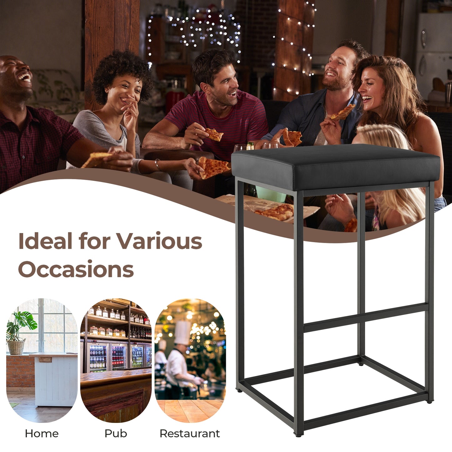 Pair of 30" Upholstered Barstools with PU Leather Cushions and Metal Frame in Black