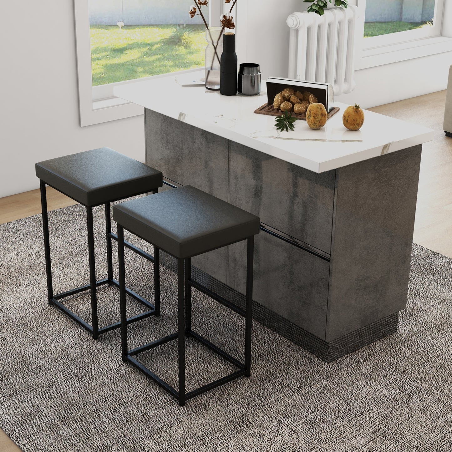 Pair of 30" Upholstered Barstools with PU Leather Cushions and Metal Frame in Grey