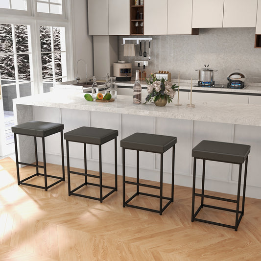 Pair of 30" Upholstered Barstools with PU Leather Cushions and Metal Frame in Grey